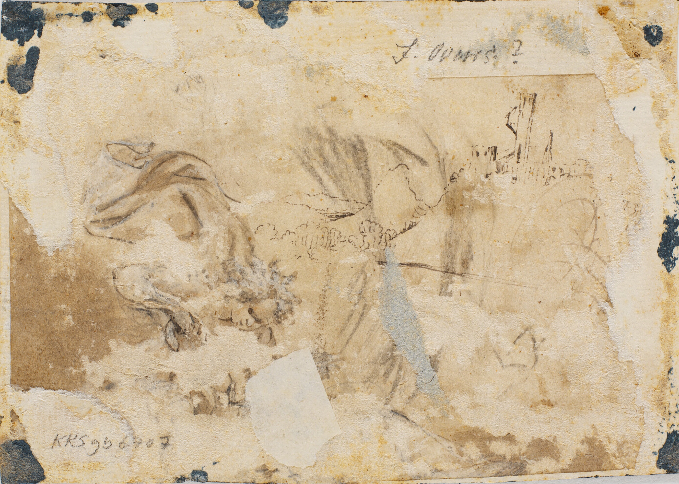 Landskabsskitse; liggende, kappeklædt figur; desuden penneprøver